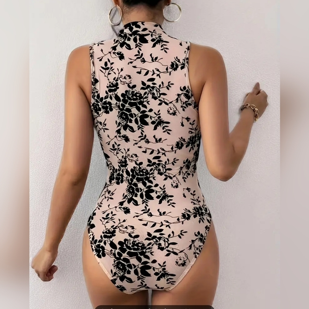2 Pcs Floral Semi Sheer Mesh/Velvet Burnout Romantic Goth Sleeveless Bodysuit L - Picture 7 of 8